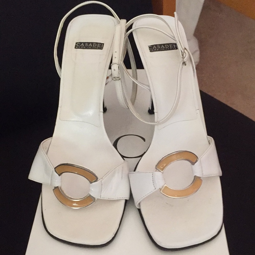 White ankle strap heels